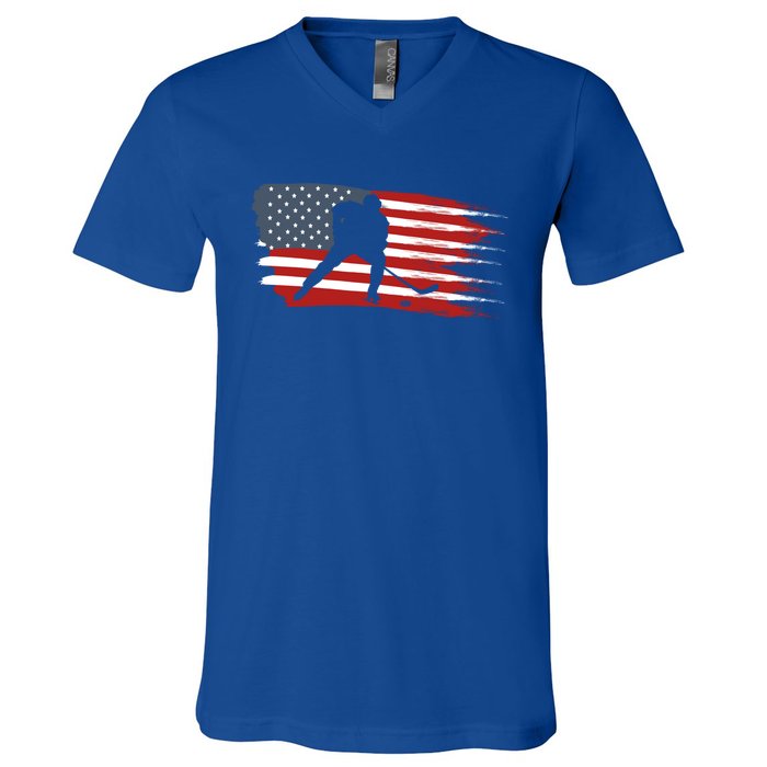 Hockey Usa Flag American Flag Patriotic Ice Hockey Gift V-Neck T-Shirt