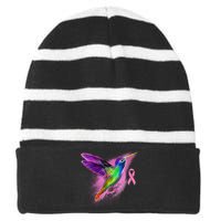 Humming Bird Breast Cancer Awareness Striped Beanie with Solid Band