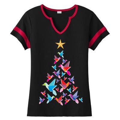 Humming Bird Christmas Tree Ladies Halftime Notch Neck Tee