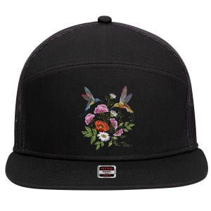 Humming Birds Flowers 7 Panel Mesh Trucker Snapback Hat