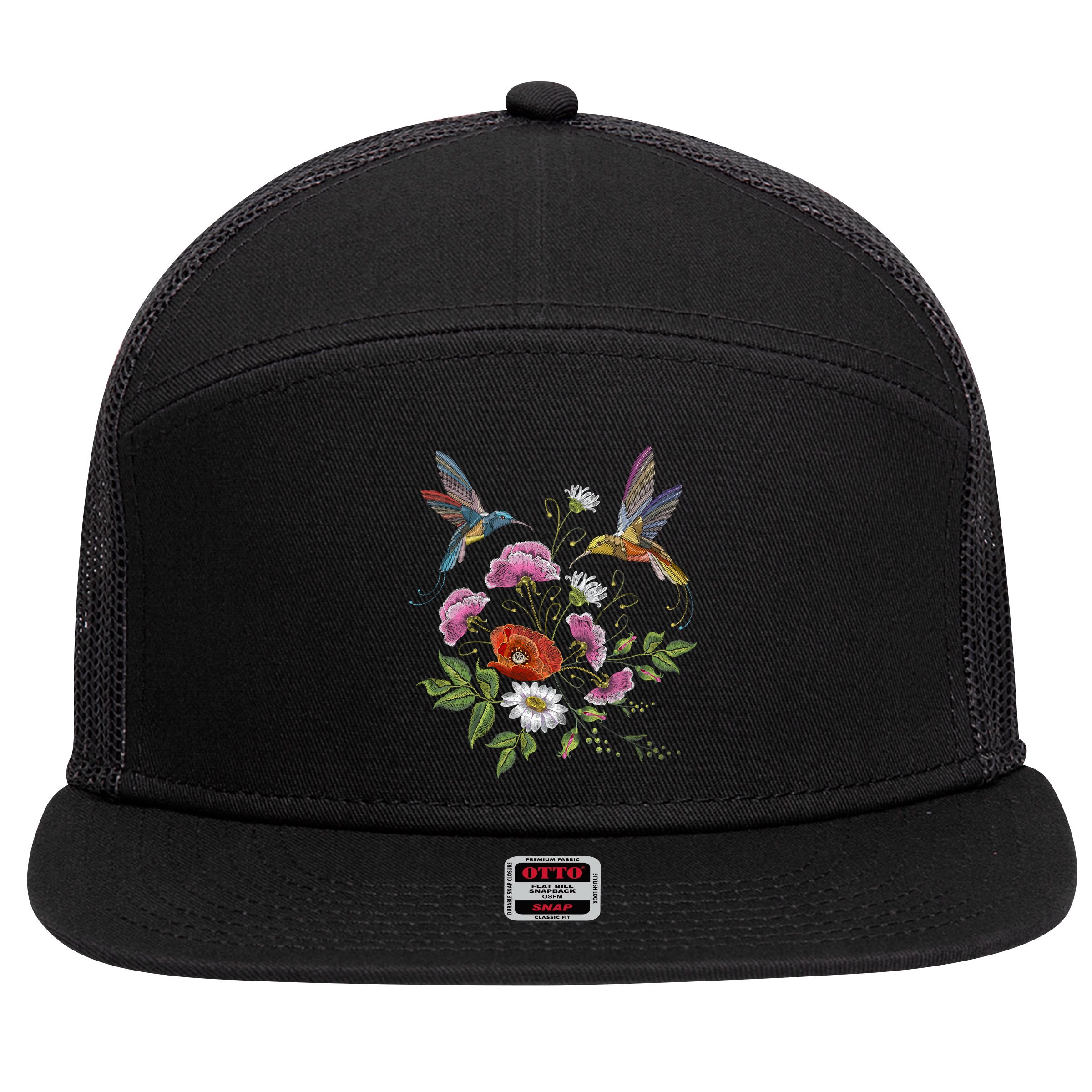 Humming Birds Flowers 7 Panel Mesh Trucker Snapback Hat