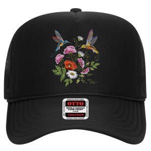 Humming Birds Flowers High Crown Mesh Back Trucker Hat