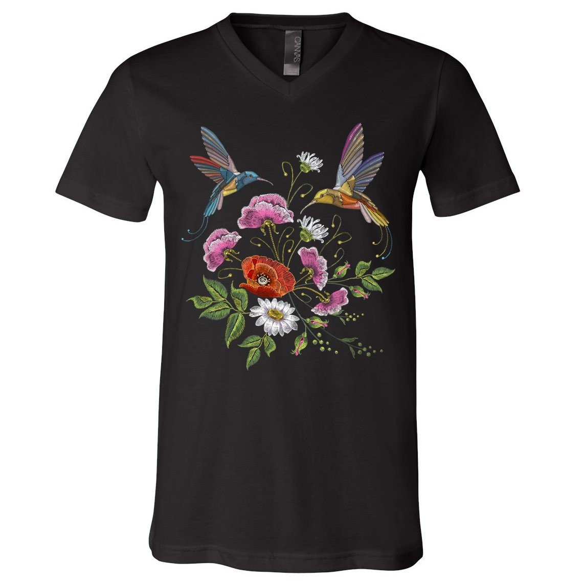 Humming Birds Flowers V-Neck T-Shirt