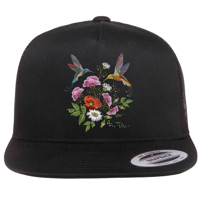 Humming Birds Flowers Flat Bill Trucker Hat