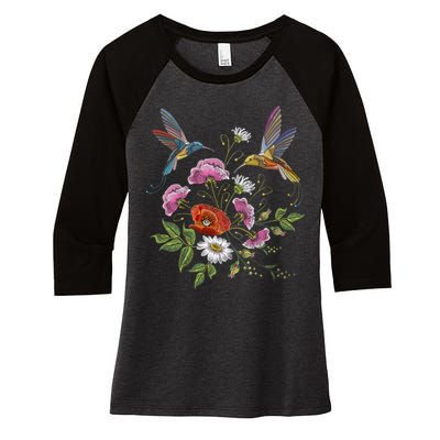 Humming Birds Flowers Women's Tri-Blend 3/4-Sleeve Raglan Shirt