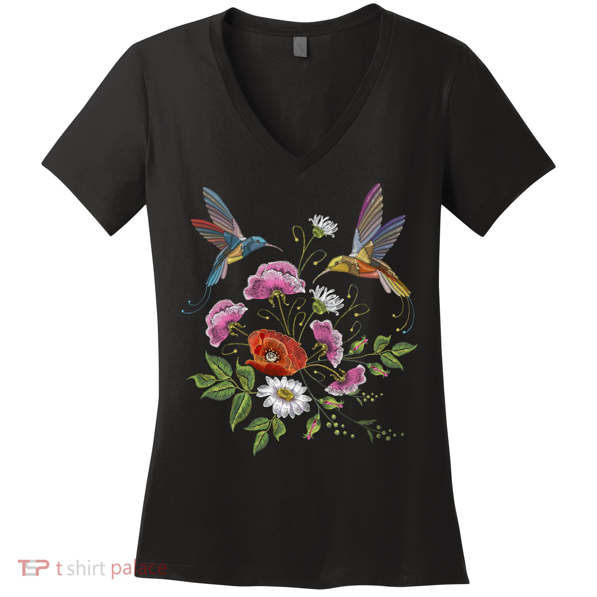 Humming Birds Flowers Women's V-Neck T-Shirt