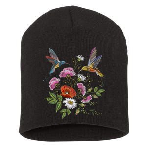 Humming Birds Flowers Short Acrylic Beanie