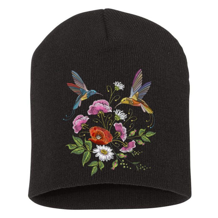 Humming Birds Flowers Short Acrylic Beanie