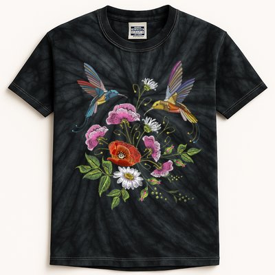 Humming Birds Flowers Kids Tie-Dye T-Shirt