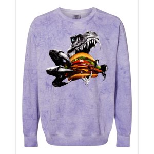 Hungry T-Rex Eating A Burger Colorblast Crewneck Sweatshirt