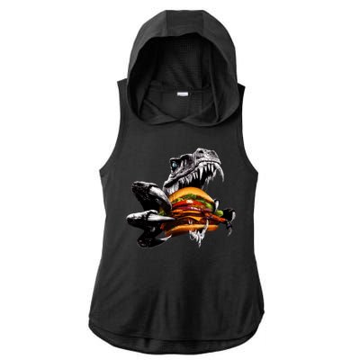 Hungry T-Rex Eating A Burger Ladies PosiCharge Tri-Blend Wicking Draft Hoodie Tank