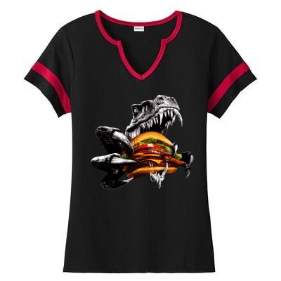 Hungry T-Rex Eating A Burger Ladies Halftime Notch Neck Tee