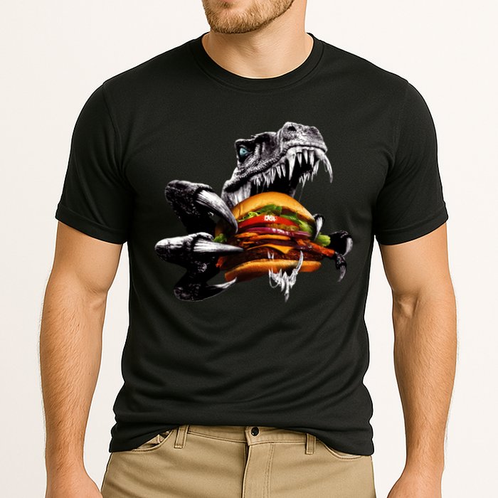 Hungry T-Rex Eating A Burger Cooling Performance Crew T-Shirt