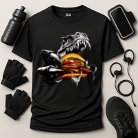 Hungry T-Rex Eating A Burger Cooling Performance Crew T-Shirt