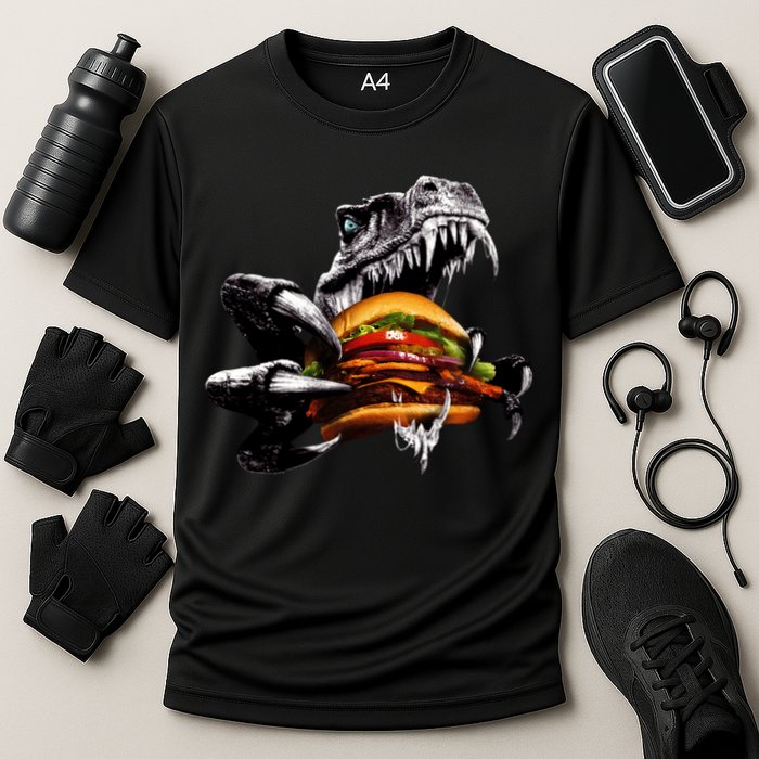 Hungry T-Rex Eating A Burger Cooling Performance Crew T-Shirt