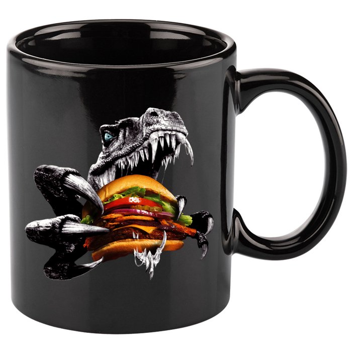 Hungry T-Rex Eating A Burger 11oz C Handle Ceramic Mug