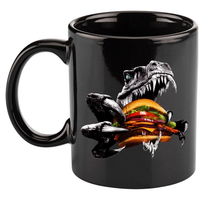 Hungry T-Rex Eating A Burger 11oz C Handle Ceramic Mug