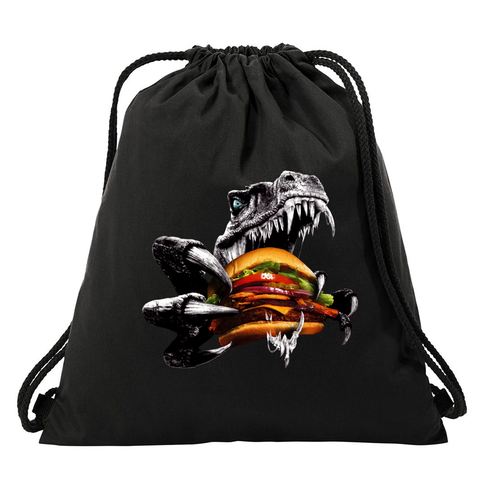 Hungry T-Rex Eating A Burger Drawstring Bag