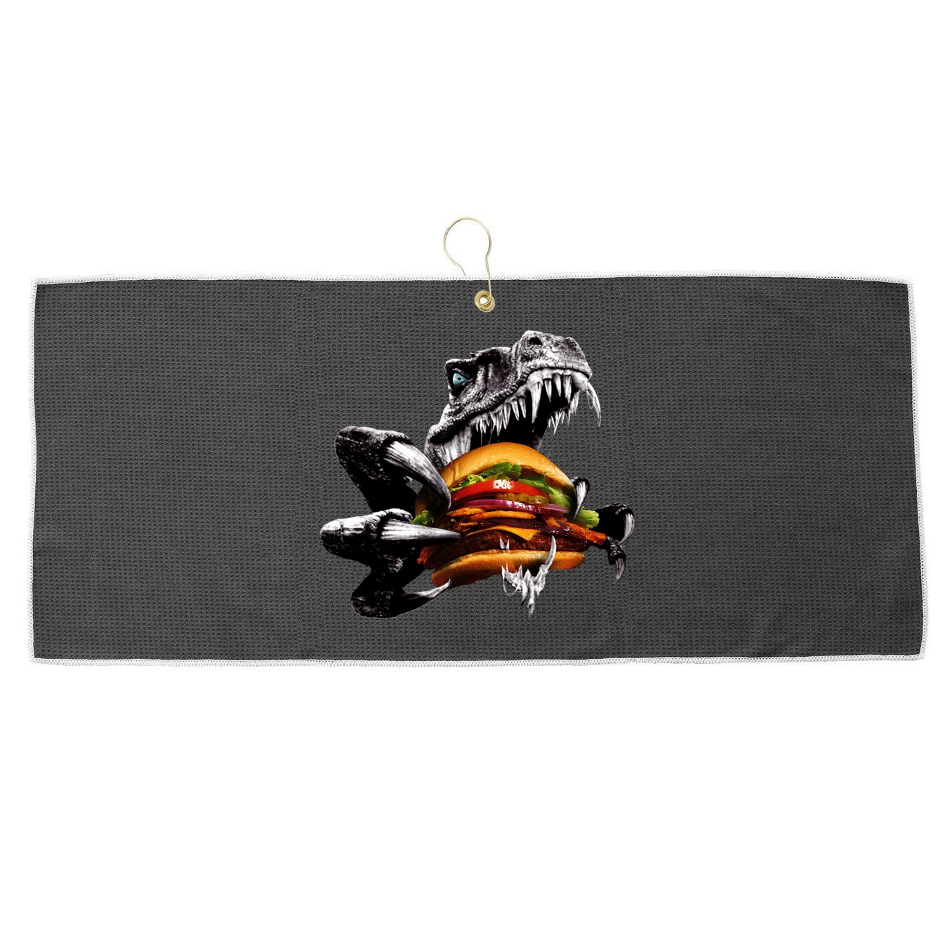 Hungry T-Rex Eating A Burger Large Microfiber Waffle Golf Towel