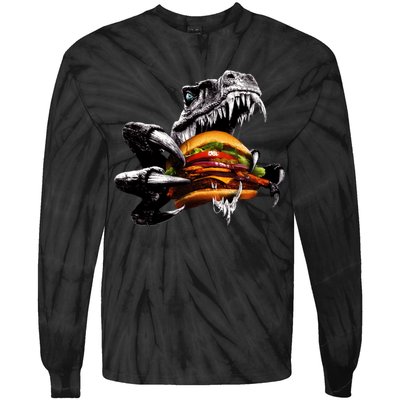 Hungry T-Rex Eating A Burger Tie-Dye Long Sleeve Shirt