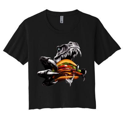 Hungry T-Rex Eating A Burger Crop Top
