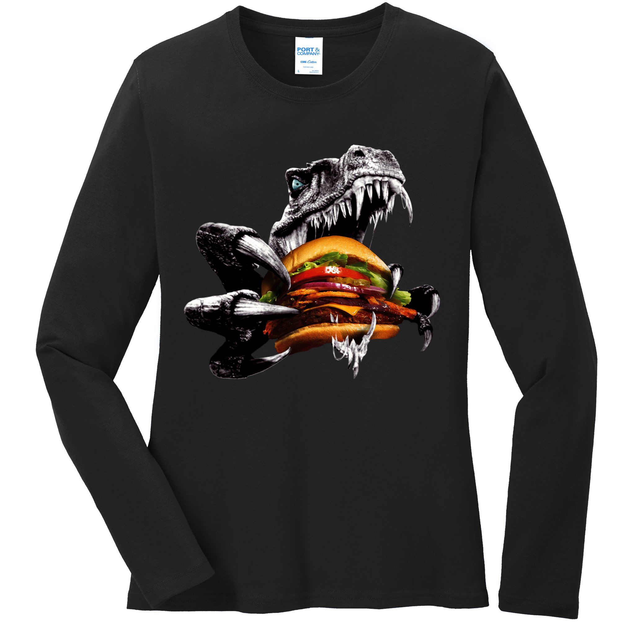 Hungry T-Rex Eating A Burger Ladies Long Sleeve Shirt