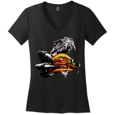 Hungry T-Rex Eating A Burger Women's V-Neck T-Shirt