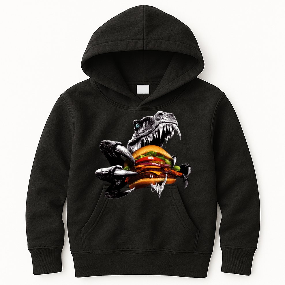 Hungry T-Rex Eating A Burger Kids Hoodie