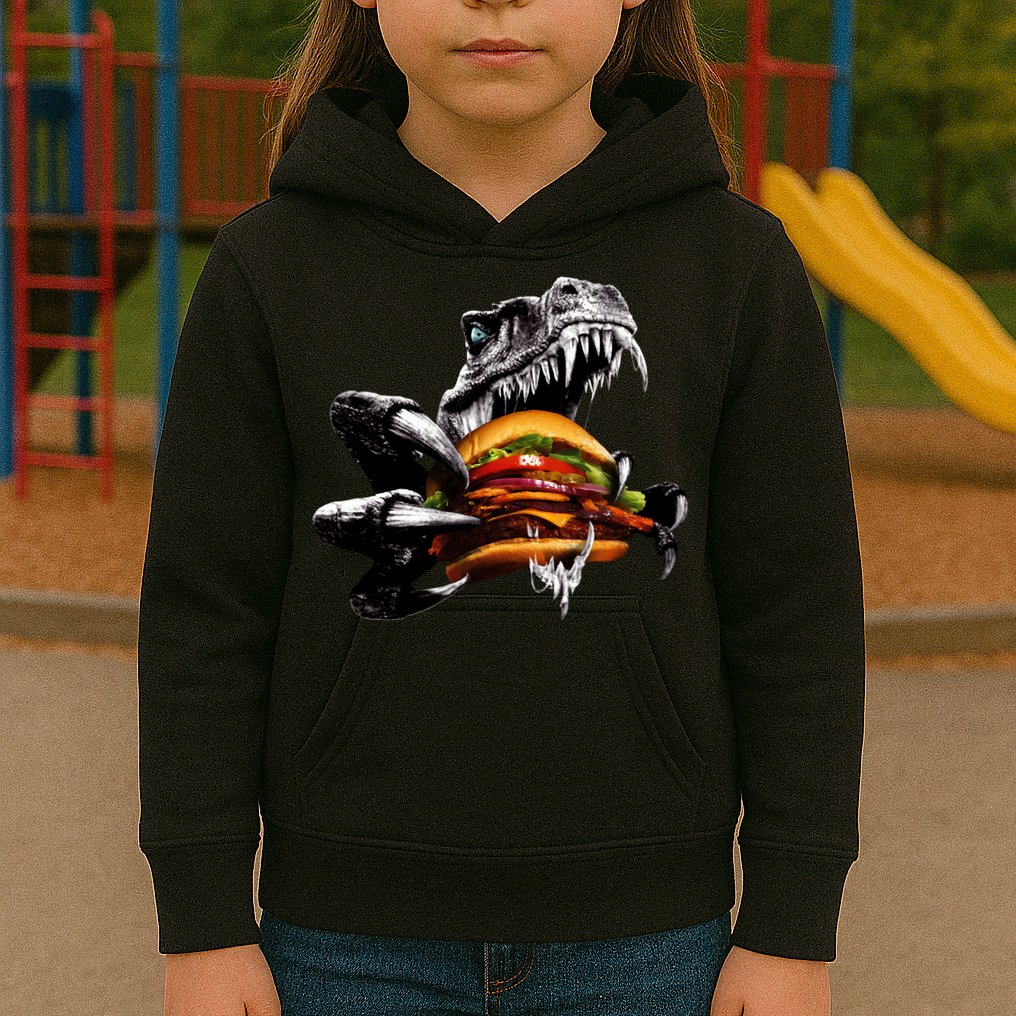 Hungry T-Rex Eating A Burger Kids Hoodie
