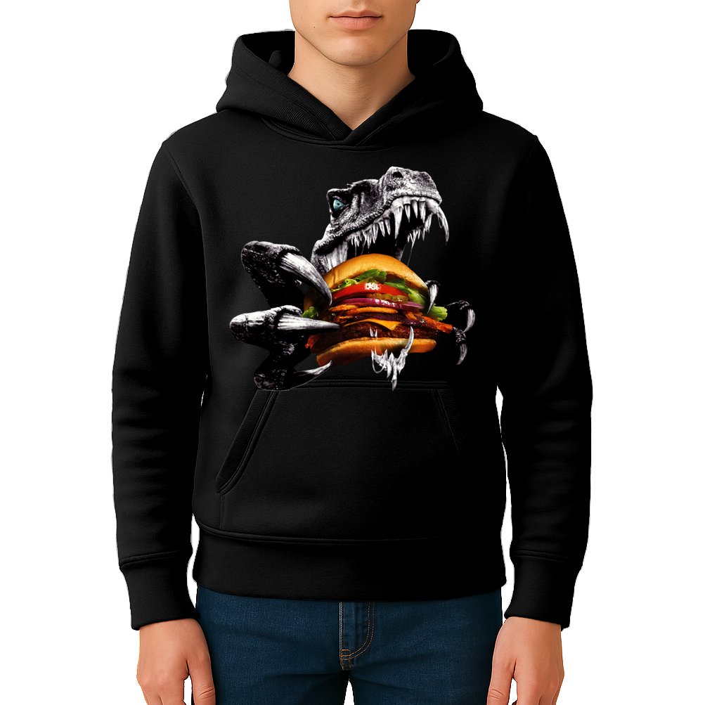 Hungry T-Rex Eating A Burger Kids Hoodie