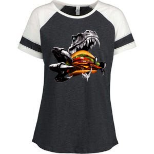 Hungry T-Rex Eating A Burger Enza Ladies Jersey Colorblock Tee