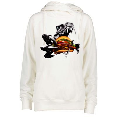 Hungry T-Rex Eating A Burger Womens Funnel Neck Pullover Hood