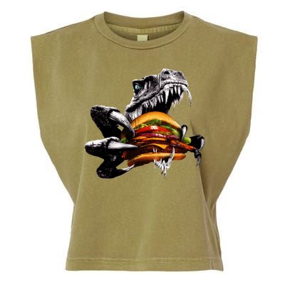 Hungry T-Rex Eating A Burger Garment-Dyed Women's Muscle Tee