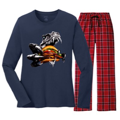 Hungry T-Rex Eating A Burger Women's Long Sleeve Flannel Pajama Set 