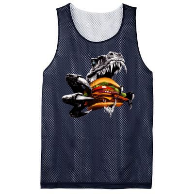 Hungry T-Rex Eating A Burger Mesh Reversible Basketball Jersey Tank