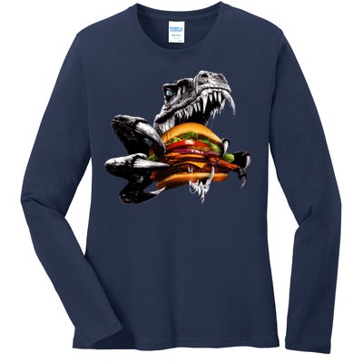 Hungry T-Rex Eating A Burger Ladies Long Sleeve Shirt