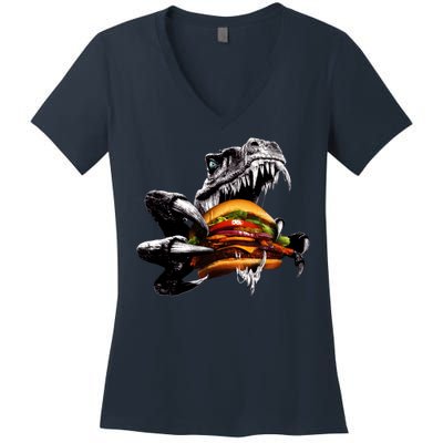 Hungry T-Rex Eating A Burger Women's V-Neck T-Shirt