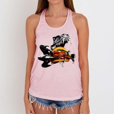 Hungry T-Rex Eating A Burger Women's Knotted Racerback Tank