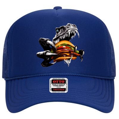 Hungry T-Rex Eating A Burger High Crown Mesh Back Trucker Hat