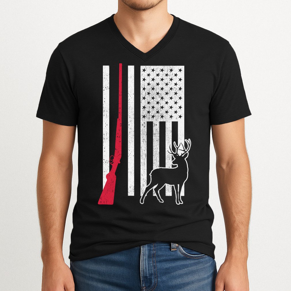 Hunting Deer Rifle Flag V-Neck T-Shirt