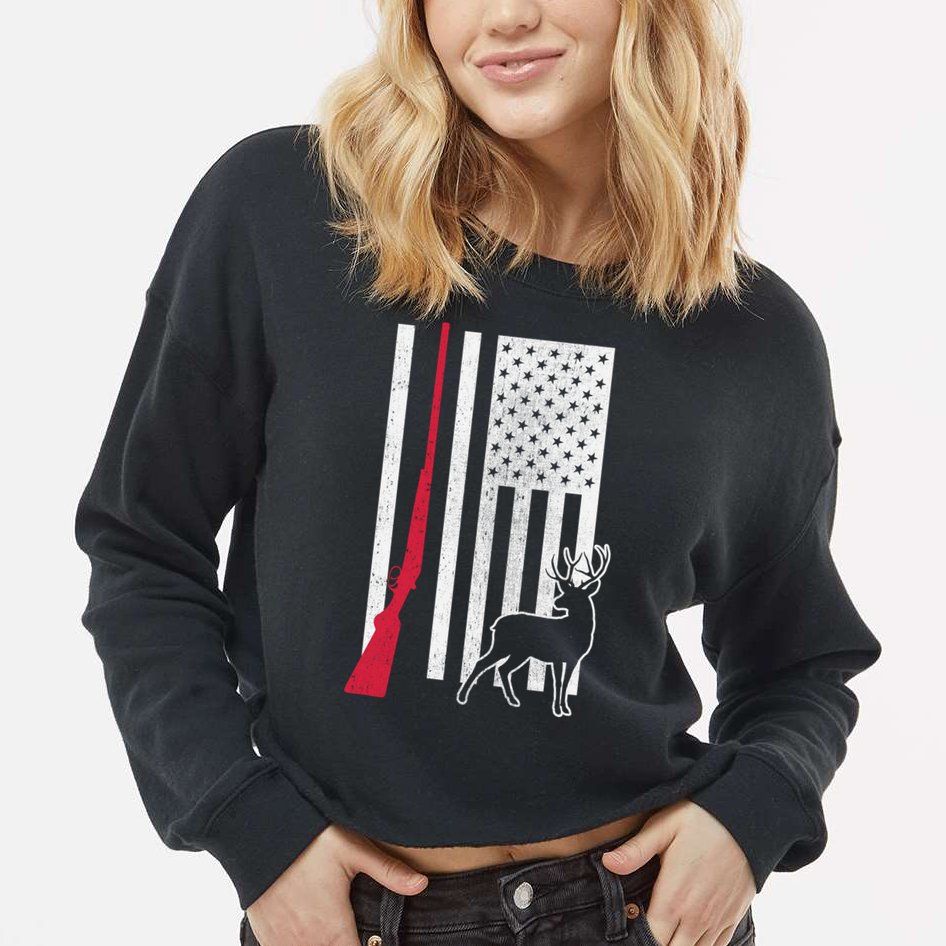 Hunting Deer Rifle Flag Cropped Pullover Crew