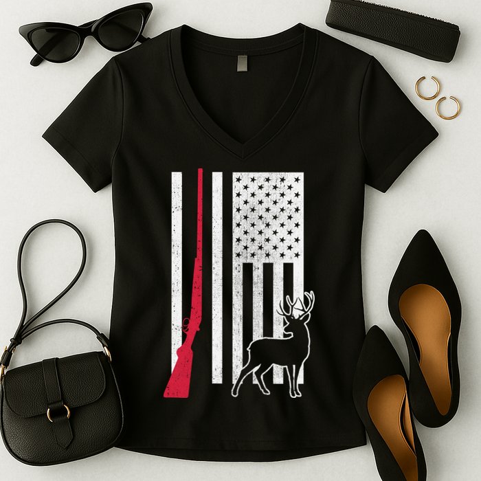 Hunting Deer Rifle Flag Women's V-Neck T-Shirt