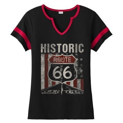 Historic U.S.A. Route 66 Highway Vintage America Road Sign Ladies Halftime Notch Neck Tee