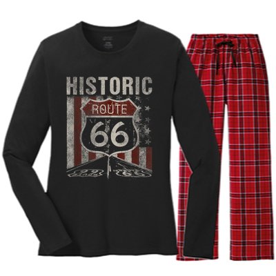 Historic U.S.A. Route 66 Highway Vintage America Road Sign Women's Long Sleeve Flannel Pajama Set 