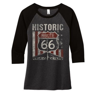 Historic U.S.A. Route 66 Highway Vintage America Road Sign Women's Tri-Blend 3/4-Sleeve Raglan Shirt