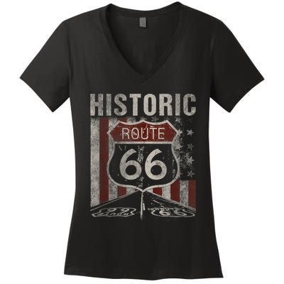 Historic U.S.A. Route 66 Highway Vintage America Road Sign Women's V-Neck T-Shirt