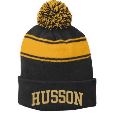 Husson U.N.I.V.E.R.S.I.T.Y Sports Fan Stripe Pom Pom Beanie