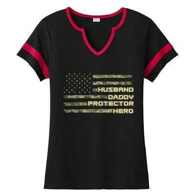 Husband Daddy Protection Hero US American Camo Flag Ladies Halftime Notch Neck Tee