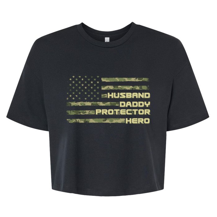 Husband Daddy Protection Hero US American Camo Flag Bella+Canvas Jersey Crop Tee