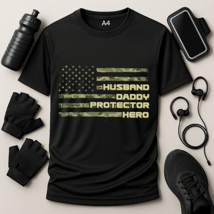 Husband Daddy Protection Hero US American Camo Flag Cooling Performance Crew T-Shirt